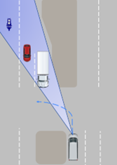 Artist rendering of a delivery truck scanning the left side roadway for traffic before attempting a left turn