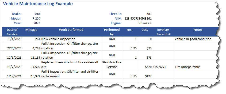 Screenshot of sample vehicle maintenance log
