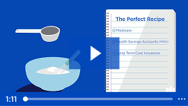 Video thumbnail shows a measuring cup and a bowl next to a notebook page that lists the perfect recipe: Medicare, health savings accounts (HSAs) and long-term care insurance.