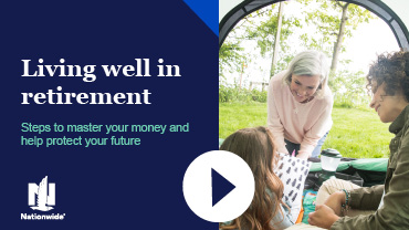 Video thumbnail with the text 'Living well in retirement' and 'Steps to master your money and help protect your future,' over a blurred outdoor background with three people and a play button icon.